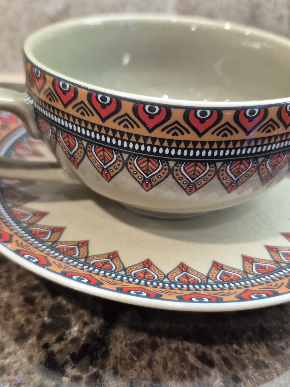 Aarong Artisan Ceramics Tea Cup Saucer Set Boho Geometric Orange Black Mandala